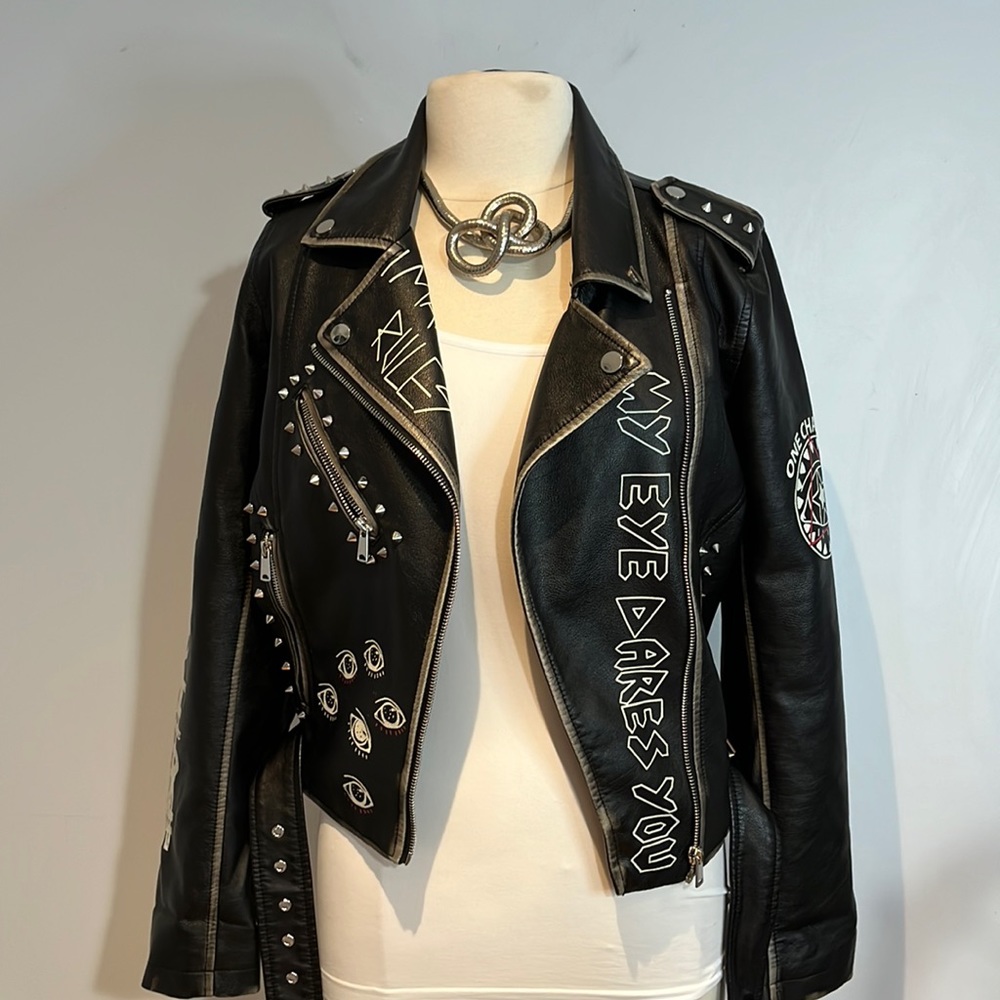 Pull&Bear Black Studded & Graphic Leather Biker Jacket